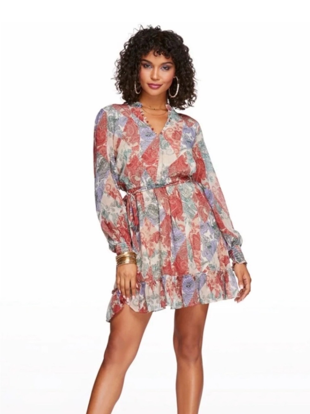 Jessica Simpson Zephyr Paisley Print Long Sleeve Mini Dress Boho Romantic XS